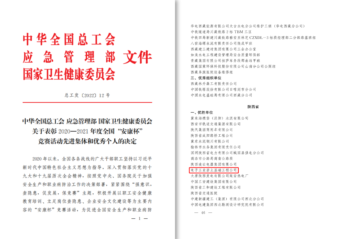 電勘院下屬電子工業(yè)巖土基礎(chǔ)工程公司榮獲2020—2021年度全國(guó)“安康杯”競(jìng)賽 優(yōu)勝單位